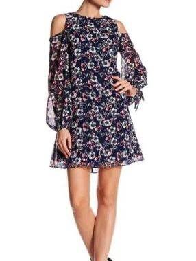 New Vince Camuto Floral Cold-Shoulder Fit & Flare Mini Dress Printed Chiffon 8
